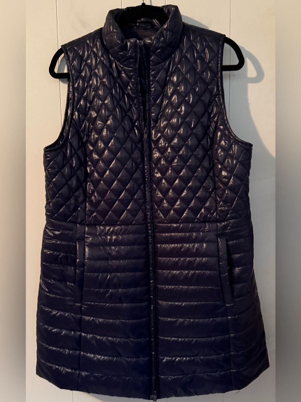 Talbots Long PrimaLoft Filled Puffer Vest Womens L Navy Blue Full Zip